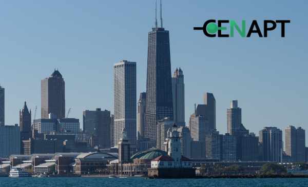 A skyline view of Chicago with the CENAPT logo on it.